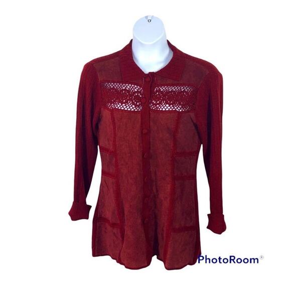 J. Jill Rustic Red Crochet Wool & Suede Patchwork Long Cardigan Sweater Jacket - Picture 2 of 16